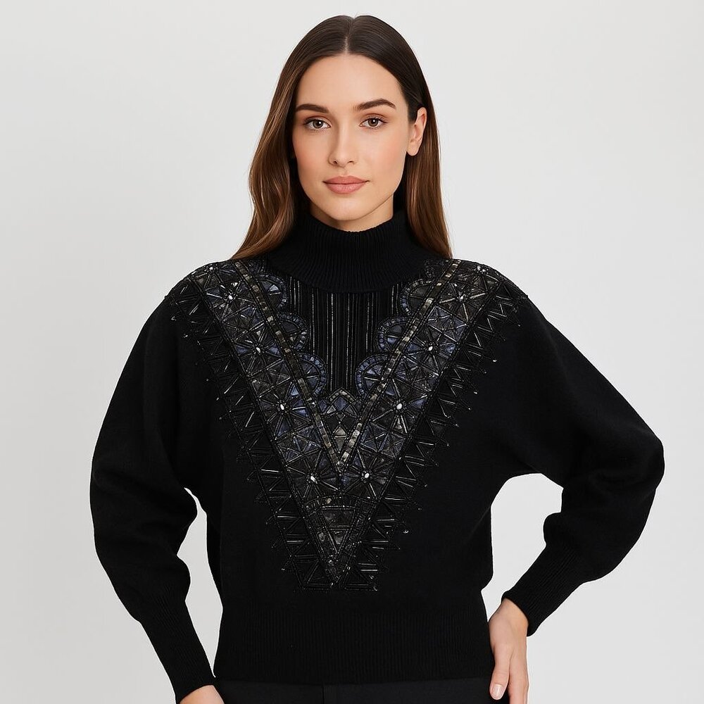 Vintage 1980s Black Angora‎ Lambswool Beaded Batwing Sweater Mock Neck Glam NOS